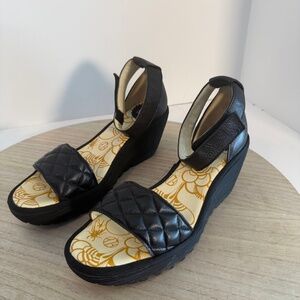 Fly London Women’s Black Leather Wedge Sandals EU 38 US 7.5–8 Ankle Strap